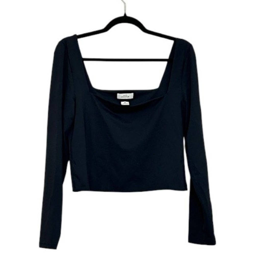 Aritzia Babaton Contour Smoothing Top 2XL Cropped Black Square Neck Long‎ Sleeve